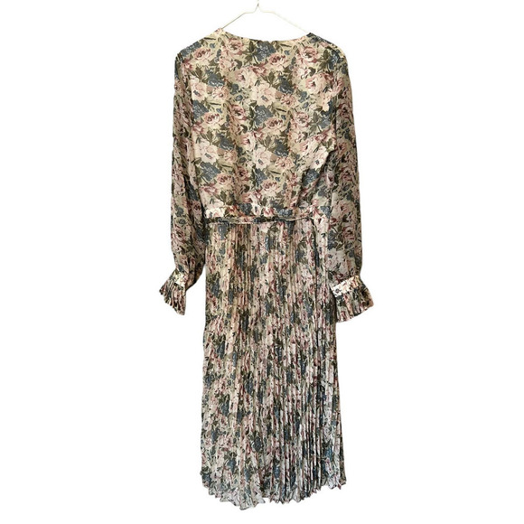 EN SAISON Floral Pleat Long Sleeve Wrap Midi Dress In Natural (L) - Picture 5 of 8